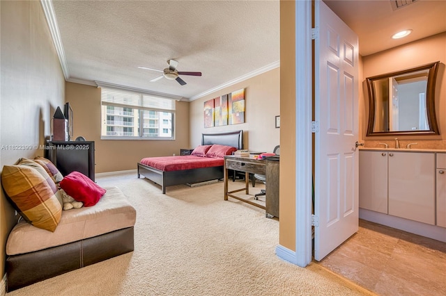1755 E Hallandale Beach Blvd Unit 608E, Hallandale Beach, FL 33009 - bedroom with crown molding, light colored carpet, a textured ceiling, and ceiling fan