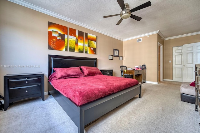 1755 E Hallandale Beach Blvd Unit 608E, Hallandale Beach, FL 33009 - carpeted bedroom featuring ornamental molding, a textured ceiling, and a ceiling fan