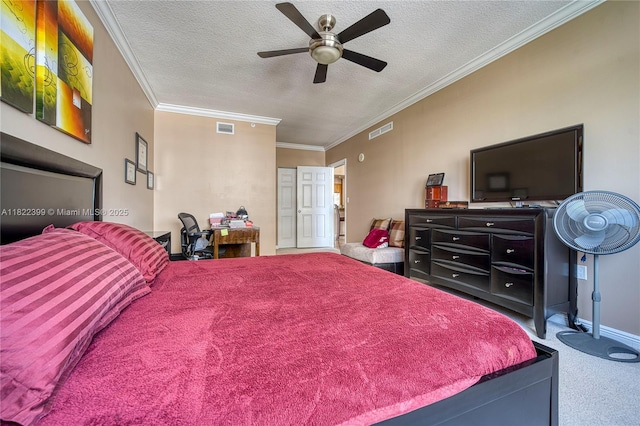 1755 E Hallandale Beach Blvd Unit 608E, Hallandale Beach, FL 33009 - bedroom with carpet flooring, a textured ceiling, crown molding, and ceiling fan