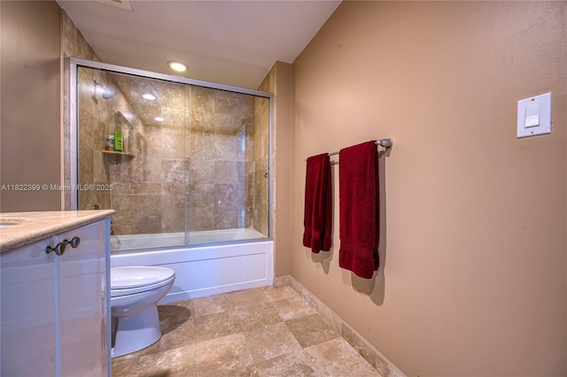 1755 E Hallandale Beach Blvd Unit 608E, Hallandale Beach, FL 33009 - bathroom with vanity, shower / bath combination with glass door, stone finish flooring, and recessed lighting
