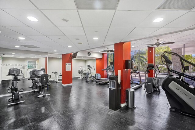 780 NE 69th St Unit T-1A, Miami, FL 33138 - workout area featuring a ceiling fan, plenty of natural light, a paneled ceiling, and recessed lighting