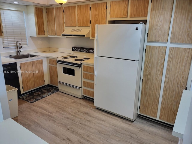 3150 W Rolling Hills Cir Unit 310, Davie, FL 33328 - kitchen with white appliances, range hood, light wood-style floors, and light countertops