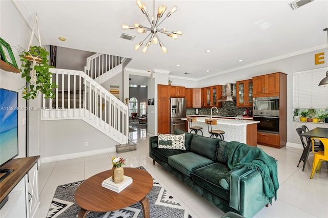 1745 NW 77th Ave, Pembroke Pines, FL 33024 - living room featuring stairs, a chandelier, light tile patterned flooring, crown molding, and recessed lighting