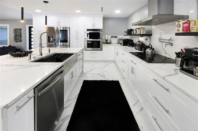 11044 NW 19th Mnr, Coral Springs, FL 33071 - kitchen featuring wall chimney exhaust hood, stainless steel appliances, light marble finish flooring, white cabinets, and light stone countertops