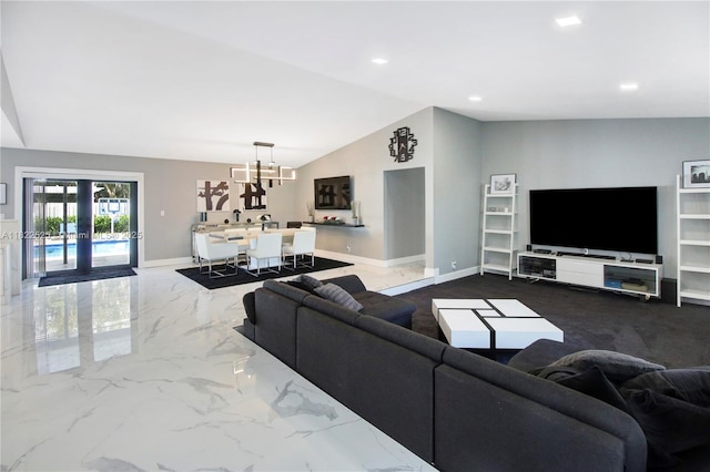 11044 NW 19th Mnr, Coral Springs, FL 33071 - living room featuring vaulted ceiling, a chandelier, french doors, recessed lighting, and marble tiled flooring