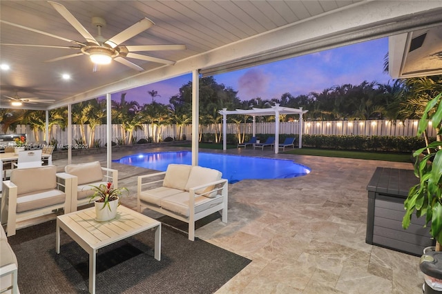 11044 NW 19th Mnr, Coral Springs, FL 33071 - pool at dusk with a fenced backyard, a pergola, a patio area, and ceiling fan