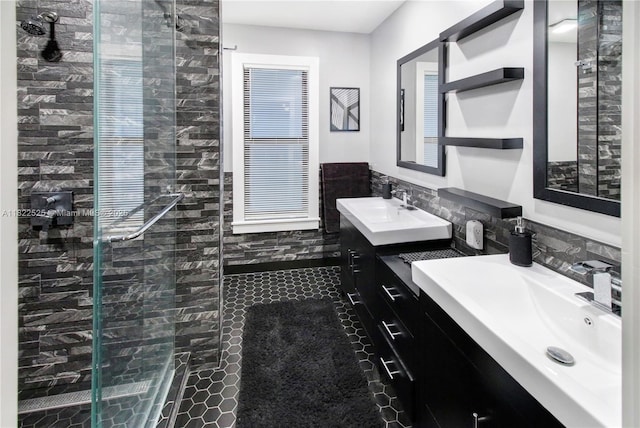 11044 NW 19th Mnr, Coral Springs, FL 33071 - bathroom with tile walls, vanity, a shower stall, wainscoting, and tile patterned flooring