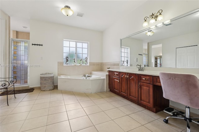 13006 SW 196th St, Miami, FL 33177 - bathroom with a garden tub, vanity, a shower stall, and tile patterned floors