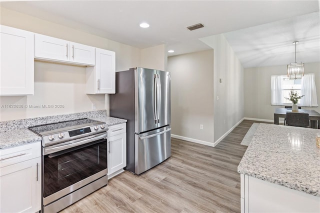 1712 Melvin Ave, Orlando, FL 32806 - kitchen with stainless steel appliances, white cabinetry, light wood-type flooring, light stone countertops, and recessed lighting