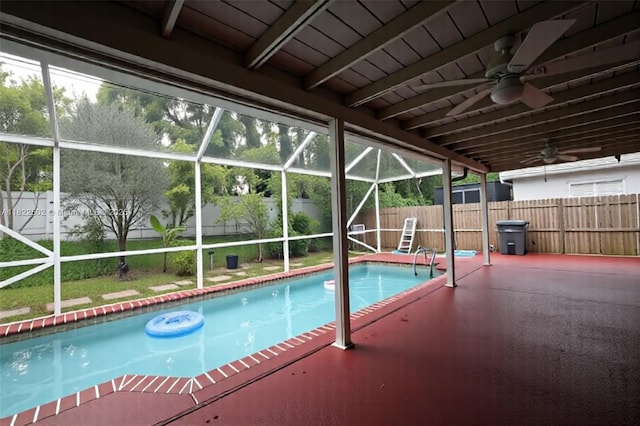 22115 SW 58th Ave, Boca Raton, FL 33428 - view of swimming pool featuring a fenced backyard, a patio area, glass enclosure, and ceiling fan