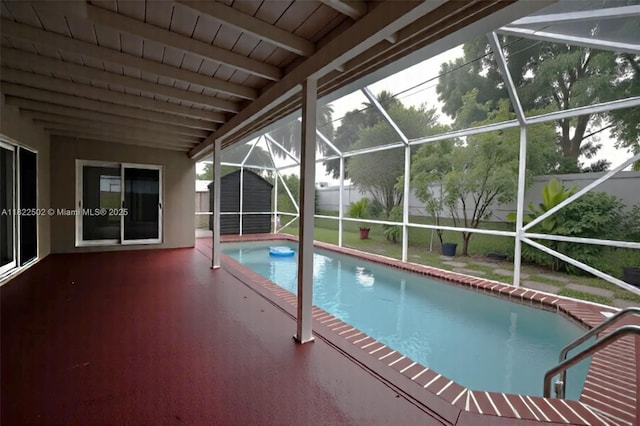 22115 SW 58th Ave, Boca Raton, FL 33428 - outdoor pool with a storage shed, a patio, a lanai, and a fenced backyard