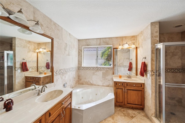 11018 NW 47th Ter, Doral, FL 33178 - full bath featuring a stall shower, a tub with jets, two vanities, and tile walls