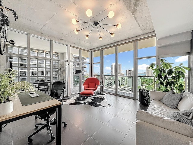 3301 NE 1st Ave Unit H1215, Miami, FL 33137 - home office featuring floor to ceiling windows, a view of city, a chandelier, and tile patterned floors