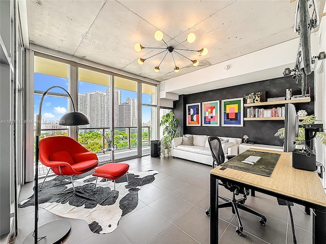 3301 NE 1st Ave Unit H1215, Miami, FL 33137 - office featuring a view of city, a chandelier, healthy amount of natural light, floor to ceiling windows, and tile patterned flooring