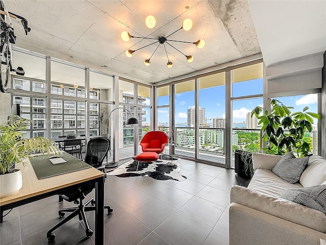 3301 NE 1st Ave Unit H1215, Miami, FL 33137 - tiled home office with healthy amount of natural light, a wall of windows, a city view, and a chandelier