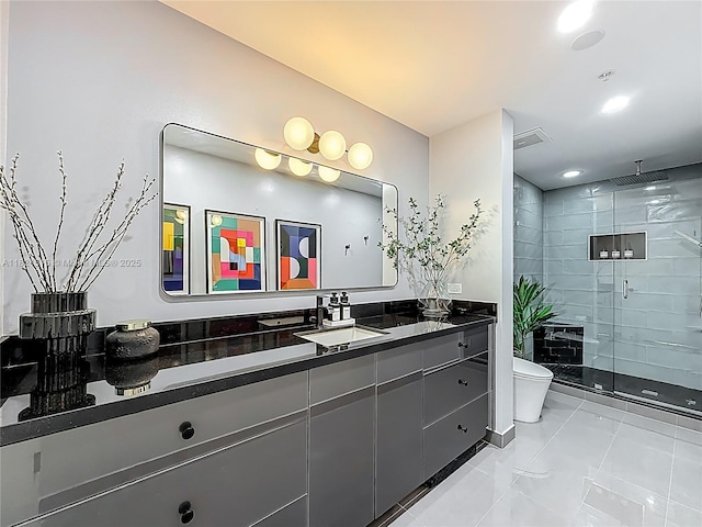 3301 NE 1st Ave Unit H1215, Miami, FL 33137 - full bath with a stall shower, vanity, marble look tiles, and recessed lighting