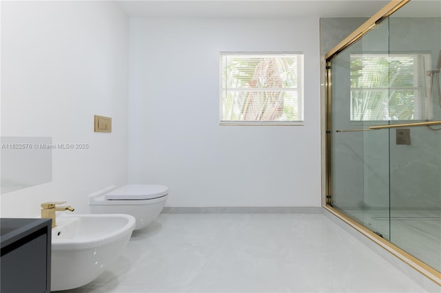 full bathroom with a marble finish shower, vanity, and a bidet