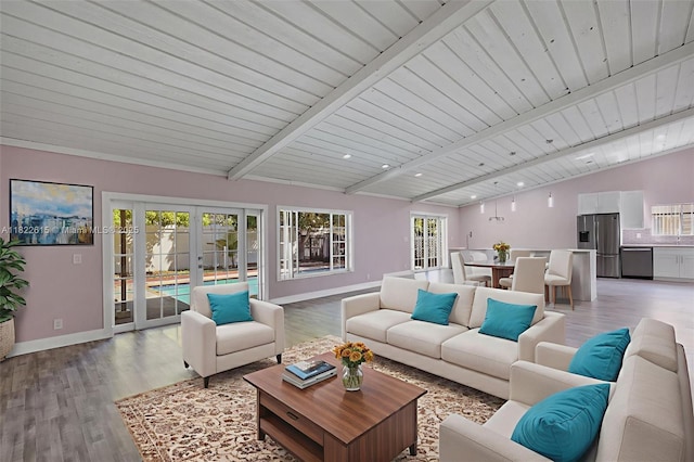7220 NW 44th Ct, Lauderhill, FL 33319 - living area with french doors, light wood finished floors, and wooden ceiling