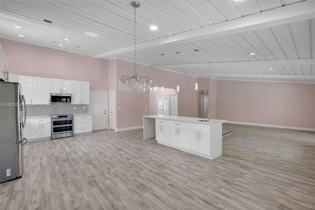 7220 NW 44th Ct, Lauderhill, FL 33319 - kitchen featuring appliances with stainless steel finishes, open floor plan, white cabinets, backsplash, and light wood-type flooring