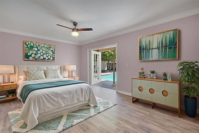 7220 NW 44th Ct, Lauderhill, FL 33319 - bedroom with access to exterior, ornamental molding, wood finished floors, and a ceiling fan