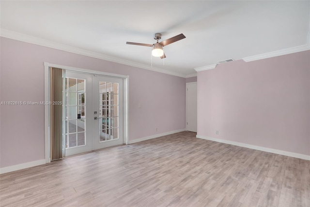 7220 NW 44th Ct, Lauderhill, FL 33319 - empty room with french doors, light wood finished floors, ceiling fan, and crown molding