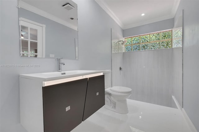 7220 NW 44th Ct, Lauderhill, FL 33319 - bathroom featuring vanity, crown molding, tile patterned floors, and a shower