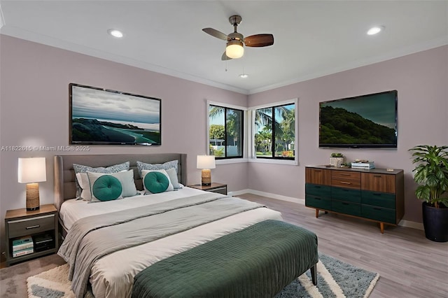 7220 NW 44th Ct, Lauderhill, FL 33319 - bedroom featuring light wood-type flooring, crown molding, recessed lighting, and ceiling fan