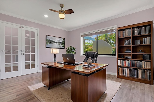 7220 NW 44th Ct, Lauderhill, FL 33319 - office area with french doors, light wood-style floors, ceiling fan, and crown molding