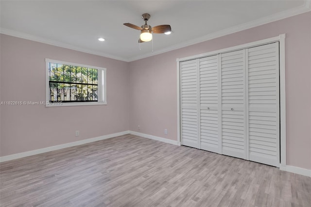 7220 NW 44th Ct, Lauderhill, FL 33319 - unfurnished bedroom with ornamental molding, a closet, light wood finished floors, ceiling fan, and recessed lighting