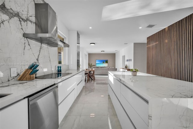 942 Lavender Cir, Weston, FL 33327 - kitchen featuring modern cabinets, wall chimney exhaust hood, stainless steel dishwasher, white cabinets, and backsplash