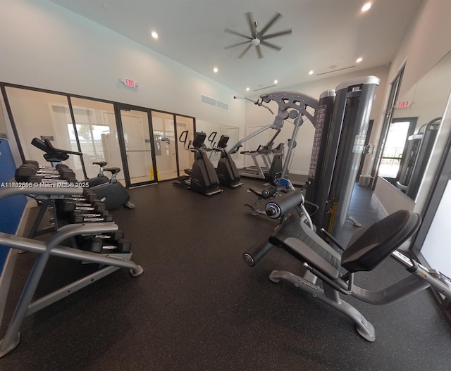 10586 W 33rd Ct Unit 10586, Hialeah, FL 33018 - workout area featuring ceiling fan, recessed lighting, and lofted ceiling