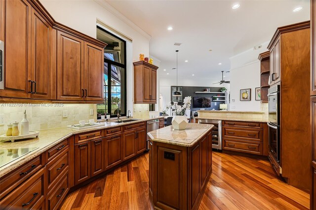 2489 Eagle Watch Ln, Weston, FL 33327 - kitchen featuring wine cooler, a peninsula, stainless steel appliances, dark wood-style flooring, and recessed lighting