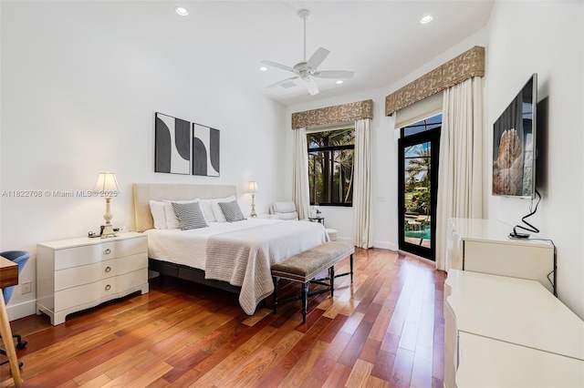 2489 Eagle Watch Ln, Weston, FL 33327 - bedroom with access to outside, light wood-style flooring, recessed lighting, and a ceiling fan