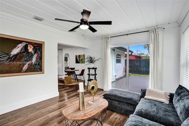 1772 SW 43rd Ave, Fort Lauderdale, FL 33317 - living area featuring wood finished floors, ceiling fan, crown molding, and arched walkways