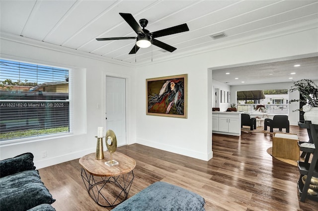 1772 SW 43rd Ave, Fort Lauderdale, FL 33317 - living area with ornamental molding, wood finished floors, ceiling fan, and recessed lighting