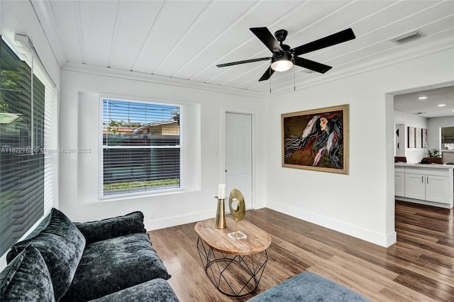 1772 SW 43rd Ave, Fort Lauderdale, FL 33317 - living room with ornamental molding, wood finished floors, and a ceiling fan