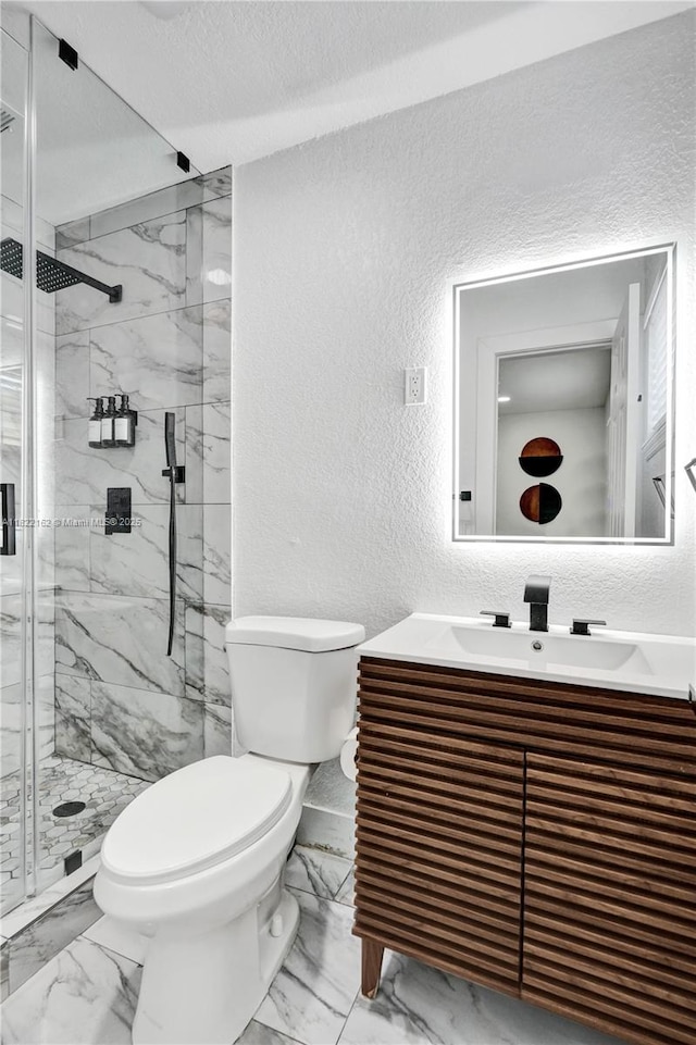 1772 SW 43rd Ave, Fort Lauderdale, FL 33317 - full bathroom with a textured wall, vanity, a marble finish shower, and marble look tiles