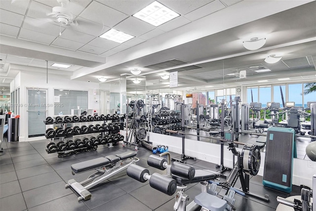 16425 Collins Ave Unit 311, Sunny Isles Beach, FL 33160 - exercise room with a ceiling fan and a paneled ceiling