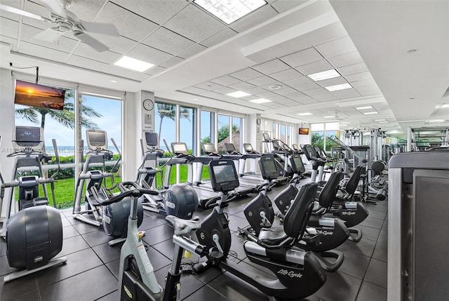16425 Collins Ave Unit 311, Sunny Isles Beach, FL 33160 - workout area with a drop ceiling, a ceiling fan, and a wall of windows