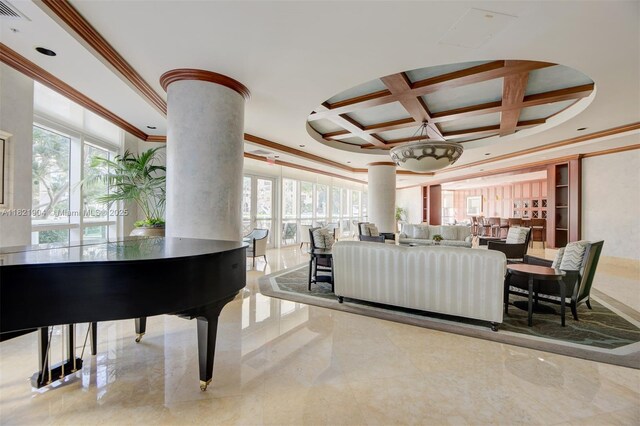 347 N New River Dr E Unit 1505, Fort Lauderdale, FL 33301 - living room with crown molding, ornate columns, coffered ceiling, and beam ceiling