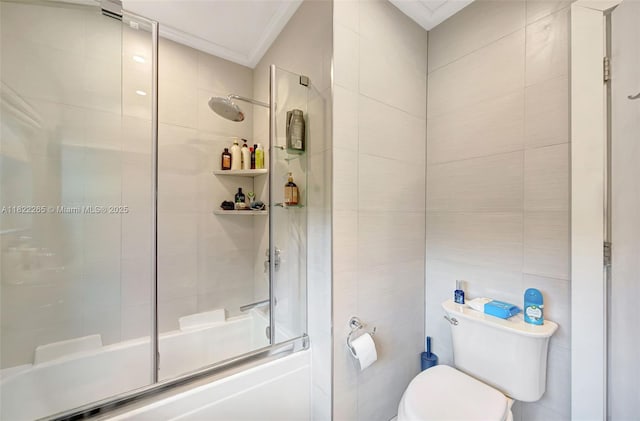 11230 SW 69th Ct, Pinecrest, FL 33156 - full bathroom featuring combined bath / shower with glass door, ornamental molding, and tile walls