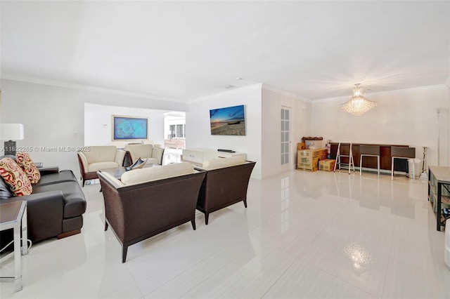 11230 SW 69th Ct, Pinecrest, FL 33156 - living area with crown molding, a chandelier, and tile patterned flooring
