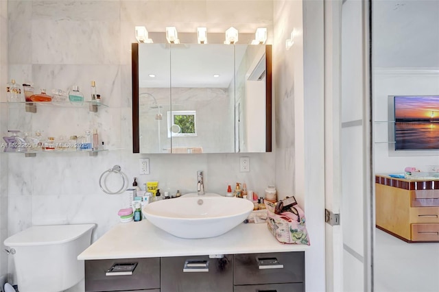 11230 SW 69th Ct, Pinecrest, FL 33156 - bathroom featuring vanity, tile walls, and a shower