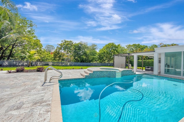 11230 SW 69th Ct, Pinecrest, FL 33156 - view of swimming pool with a patio area, a fenced backyard, a pool with connected hot tub, and view of wooded area
