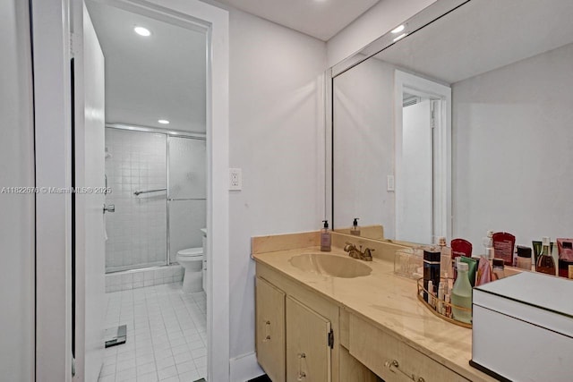 600 Three Islands Blvd Unit 615, Hallandale Beach, FL 33009 - full bathroom featuring a shower stall, vanity, recessed lighting, and tile patterned floors