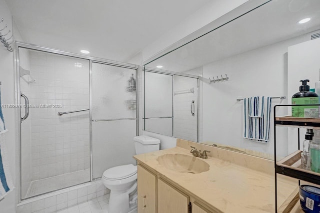 600 Three Islands Blvd Unit 615, Hallandale Beach, FL 33009 - bathroom featuring recessed lighting, a shower stall, vanity, and tile patterned floors