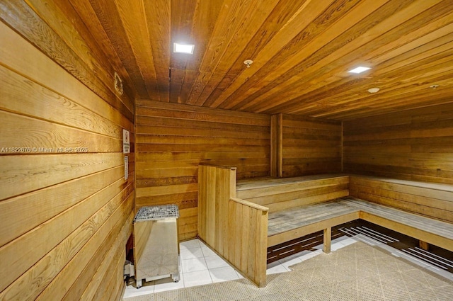 600 Three Islands Blvd Unit 615, Hallandale Beach, FL 33009 - sauna / steam room with tile patterned flooring, wooden walls, and wooden ceiling