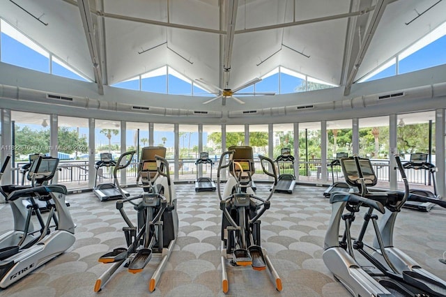 600 Three Islands Blvd Unit 615, Hallandale Beach, FL 33009 - workout area featuring carpet, plenty of natural light, and high vaulted ceiling