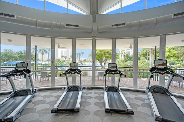 600 Three Islands Blvd Unit 615, Hallandale Beach, FL 33009 - workout area with carpet, healthy amount of natural light, and a high ceiling