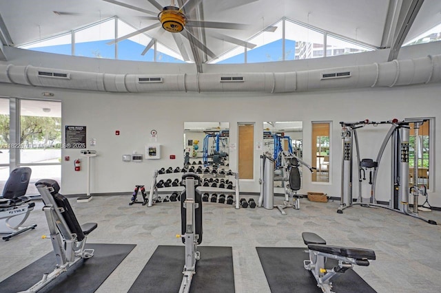 600 Three Islands Blvd Unit 615, Hallandale Beach, FL 33009 - exercise room with high vaulted ceiling and light carpet